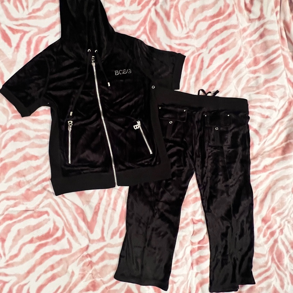 New Large Black BCBG 2-Piece Tracksuit Jacket + Track Capri Pants Set MSRP $160